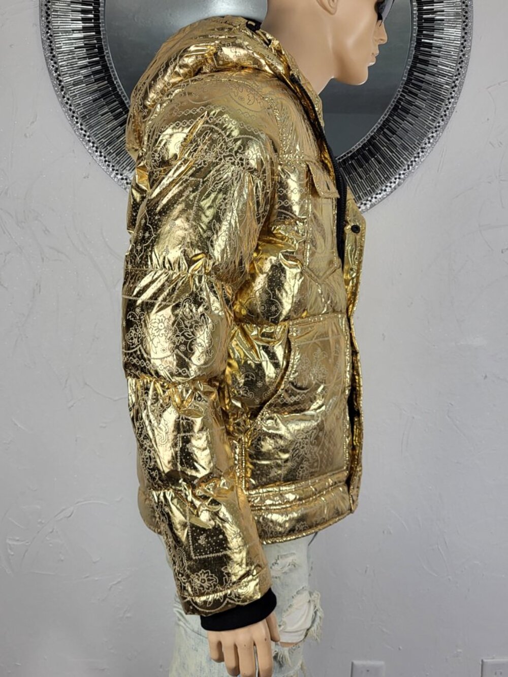 NWT~$225~LEVIS~SZ S~MENS GOLD METALLIC PUFFER BOMBER JACKET HOODED COAT POCKETS - Picture 6 of 16